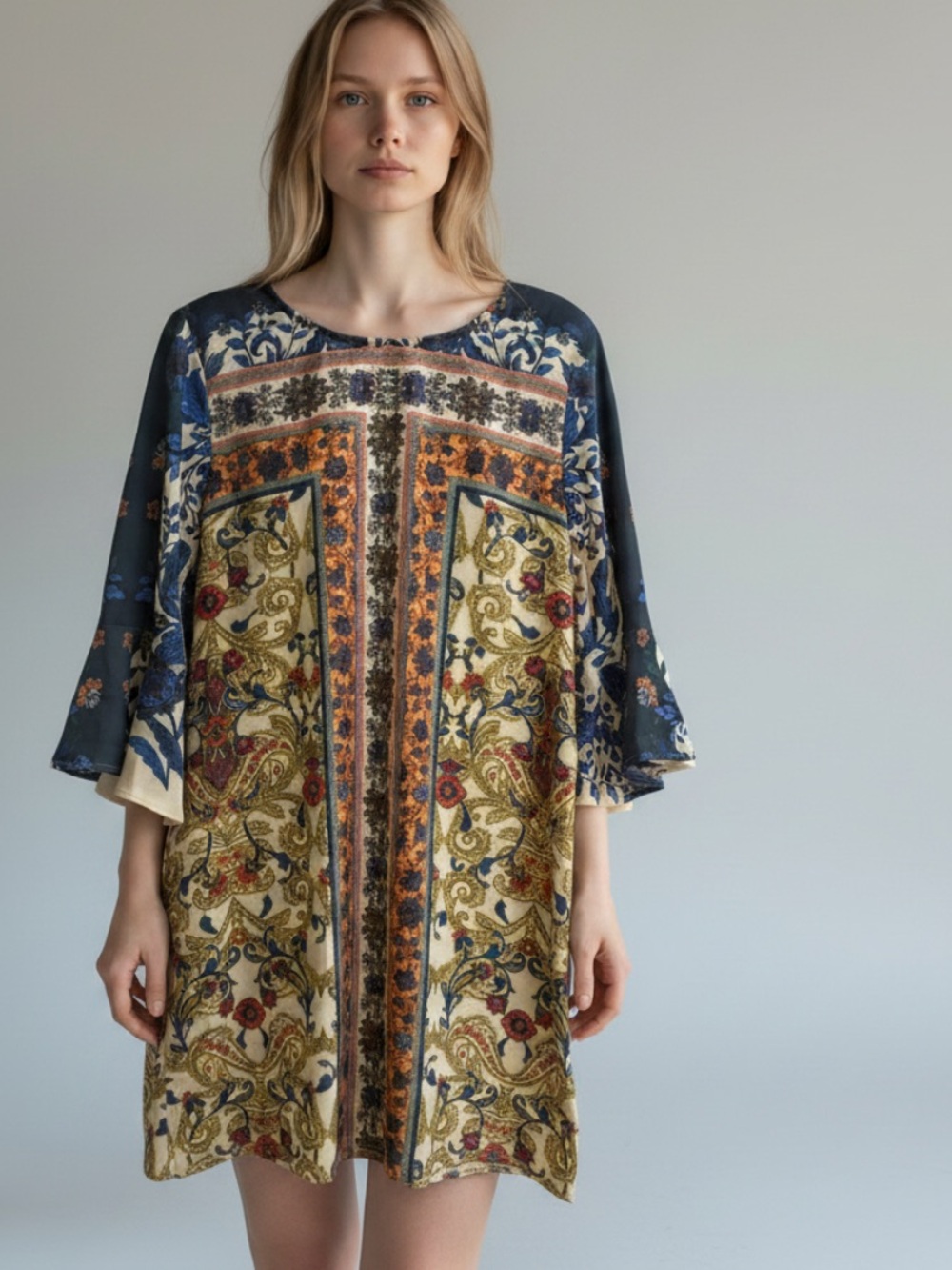 Umgee Blue Floral Paisley Shift Dress with Bell Cuff Sleeves